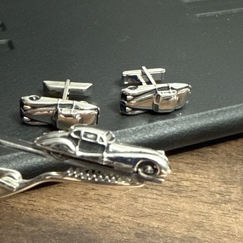 SWANK Jaguar Silver Tone Cufflinks Tie Bar Clip Mid Century Sports Car